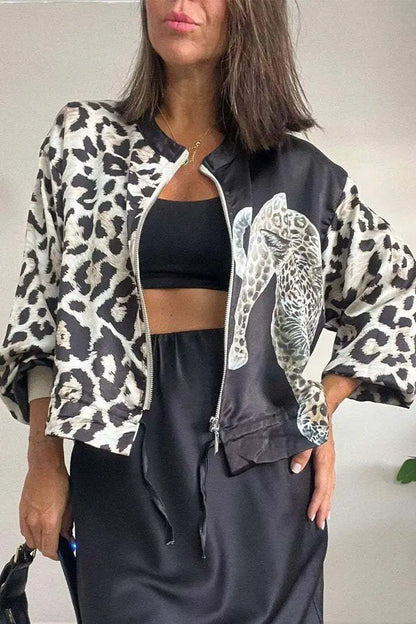 Women Leopard Print Jackets Long Sleeve Zipper Outerwear O-neck 2024 Spring Autu