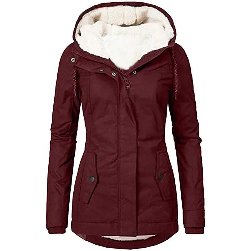 Women's Hooded Zipper Coat - Loose Parka with Pockets, Full Sleeves, Thick and Warm, Monochromatic Casual Jackets for Fall and Winter 2023