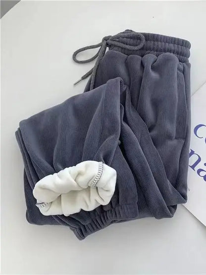 Calça de lã grossa e larga feminina, calça esportiva casual, corredores quent