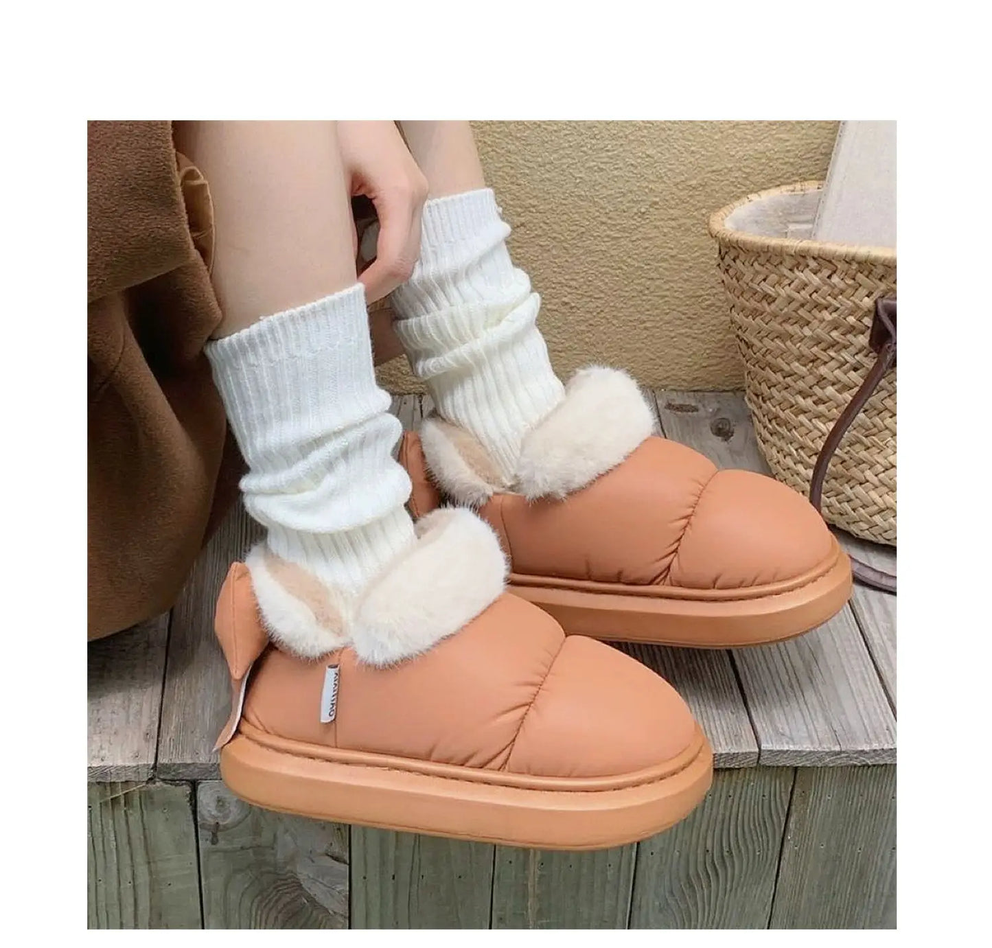 Women's Winter Bow-Knot Ankle Boots – Plush, Insulated, Waterproof PU Cotton Home Slippers