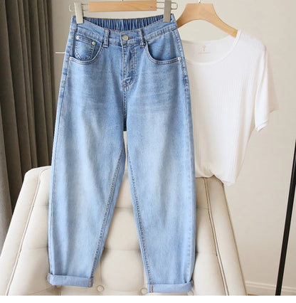 S-5XL Women Jeans Spring Autumn Elastic Waist Light Blue Loose Denim Pants 2023 New Harem Pants Female Casual Trousers