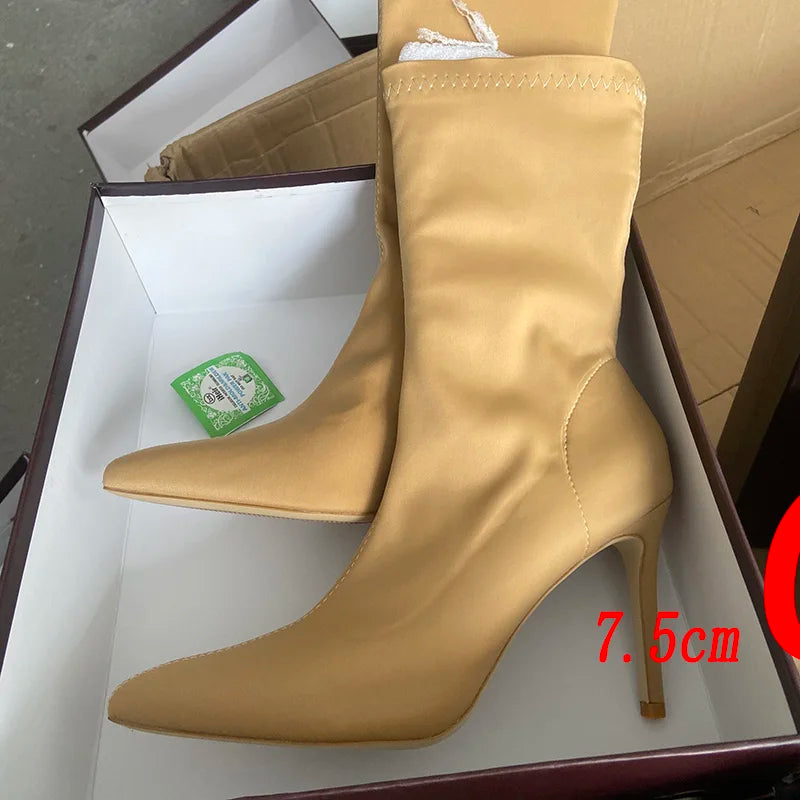 Women's Silk Sock Boots – 7.5cm/10cm Satin Pointed Toe Winter Ankle Booties in Green, Sexy Low Heels