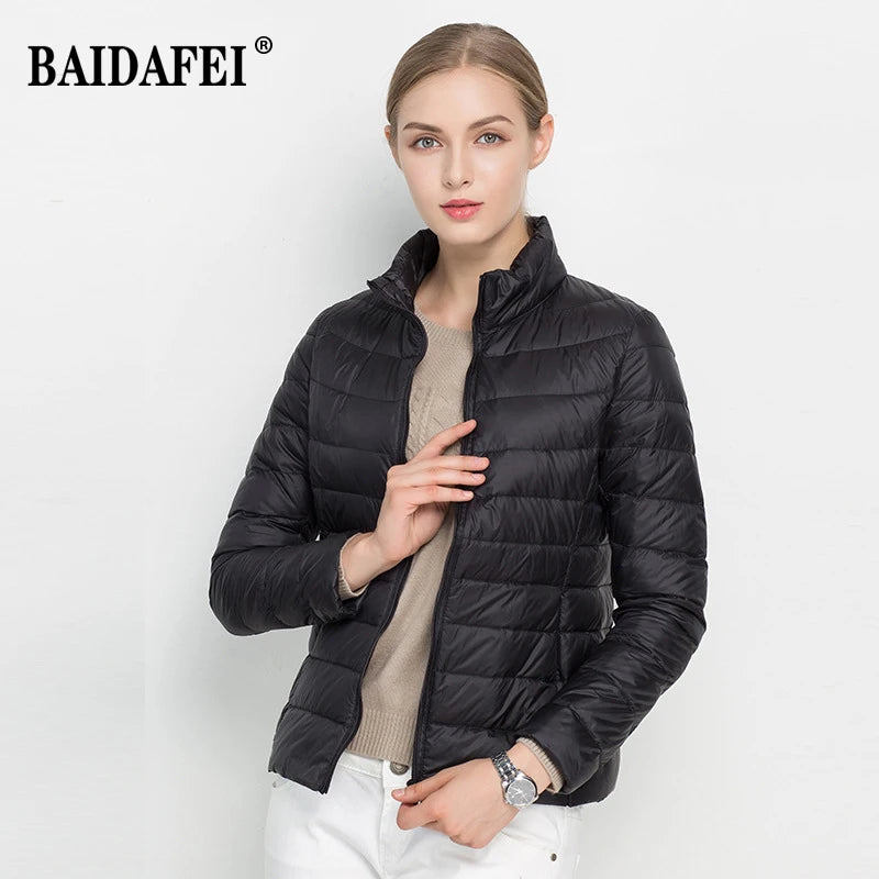 Parka para baixo empacotável feminina, jaqueta puffer empacotável, casaco casu