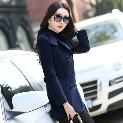 Autumn Winter Women Double Breasted Woolen Coat Solid Color Lapel Slim Fit Short