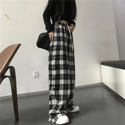 Calça xadrez preta extragrande feminina, calça larga casual, elástico na cint