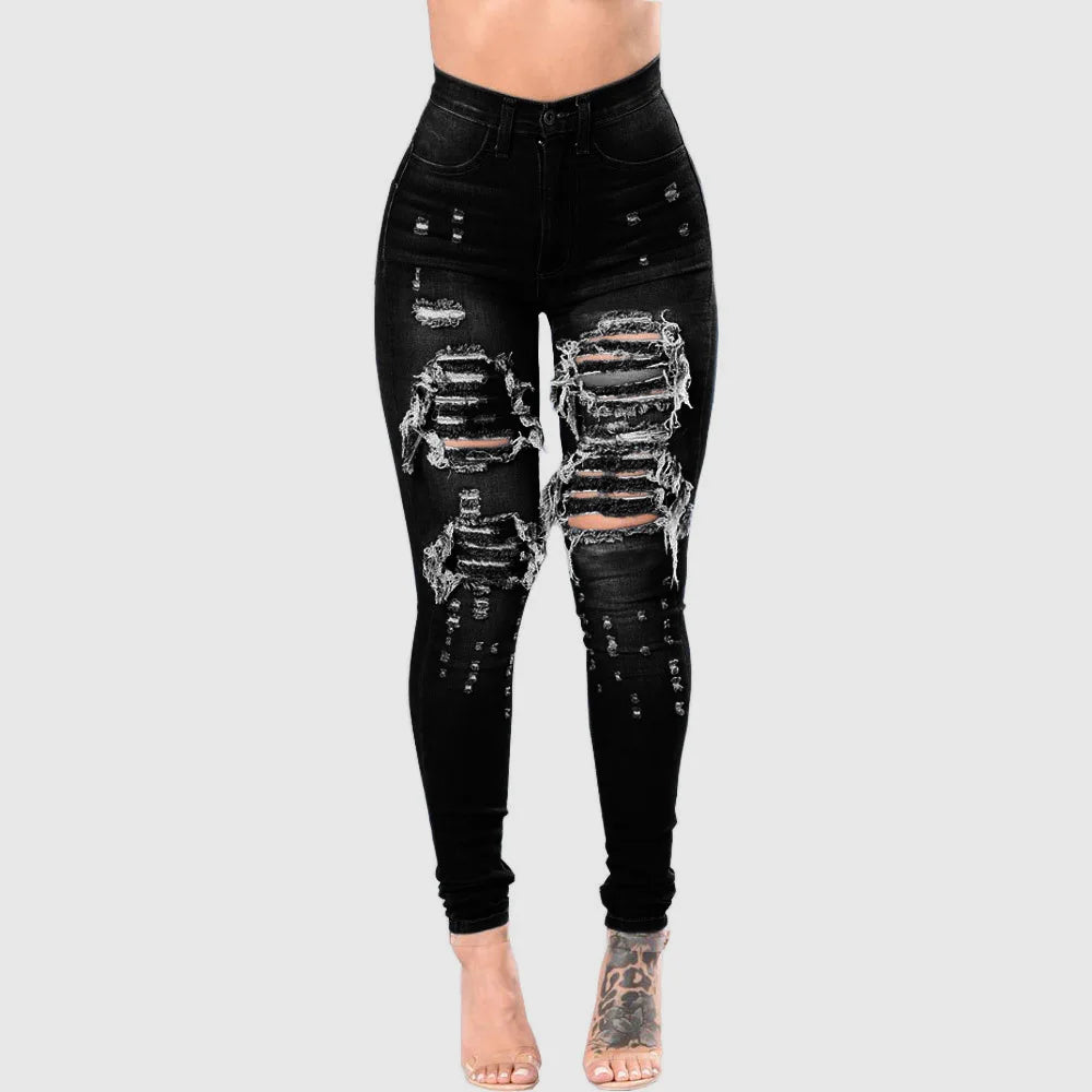 Jeans rasgado de cintura alta para mulheres, jeans skinny, calças lápis, calç