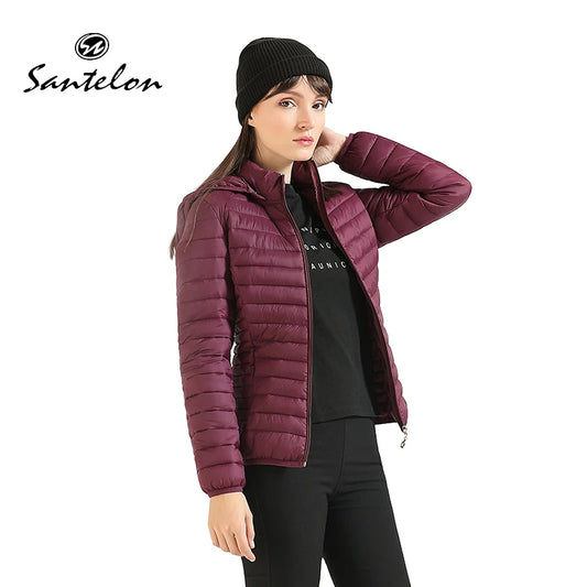 Women's Santelon Ultra-Light Quilted Jacket with Removable Hood, Outdoor Warm and Light Parka with Storage Bag