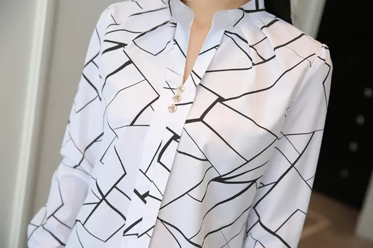 2024 Spring/Autumn Women's Casual Striped Blouse – Loose Long Sleeve Stand Collar Top in White