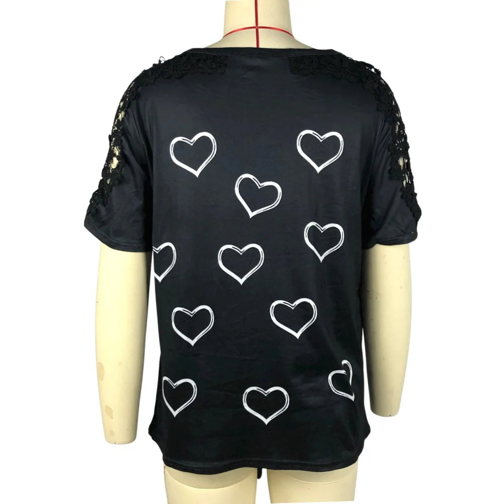 Women's Loose-Fit Heart Print T-Shirt – Casual Round-Neck Lace Hollow-Out Top for Spring & Autumn