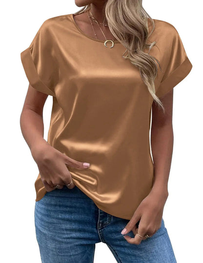 New Women's Satin T-Shirt – Loose, Short-Sleeve Round-Neck Casual Colored Top for Spring & Summer