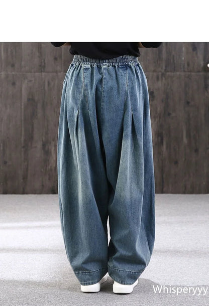 2023 New Loose Large Size Denim Wide Leg Haren Pants Female Art With Chinese Style Casual Sagging Jeans Bloomers Woman Clothing