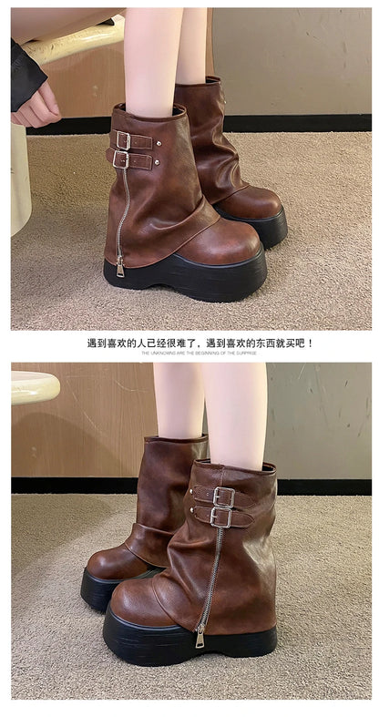 2024 Women's Soft Leather Mid-Calf Boots – High Platform Wedge Chunky Motorcycle Booties for Winter & Autumn (9CM Heel)