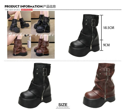 2024 Women's Soft Leather Mid-Calf Boots – High Platform Wedge Chunky Motorcycle Booties for Winter & Autumn (9CM Heel)