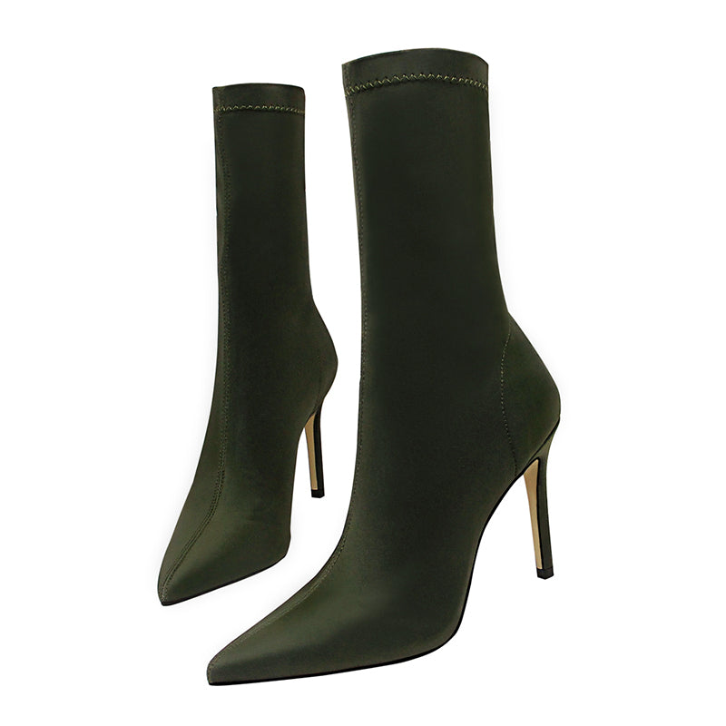 Women's Silk Sock Boots – 7.5cm/10cm Satin Pointed Toe Winter Ankle Booties in Green, Sexy Low Heels