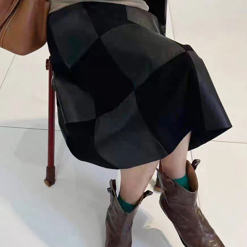 Checkered Genuine Leather Skirt for Women French Elegant Suede Leather Patchwork