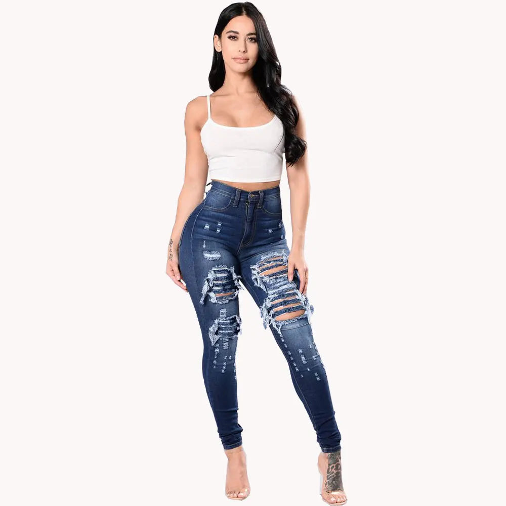 2022 New Women's High Waist Ripped Jeans Fashion Elastic Slim Hip Lift Denim Pencil Pants Casual Female Trousers S-3XL Drop Ship