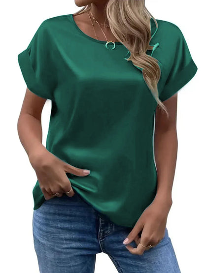 Elegant Summer Satin Blouse – Women's Casual Batwing Sleeve O-Neck Loose Top