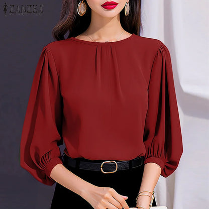 2024 ZANZEA Elegant 3/4 Lantern Sleeve Blouse – Loose-Fit Solid Top for Office, Party & Casual Summer Wear for Women