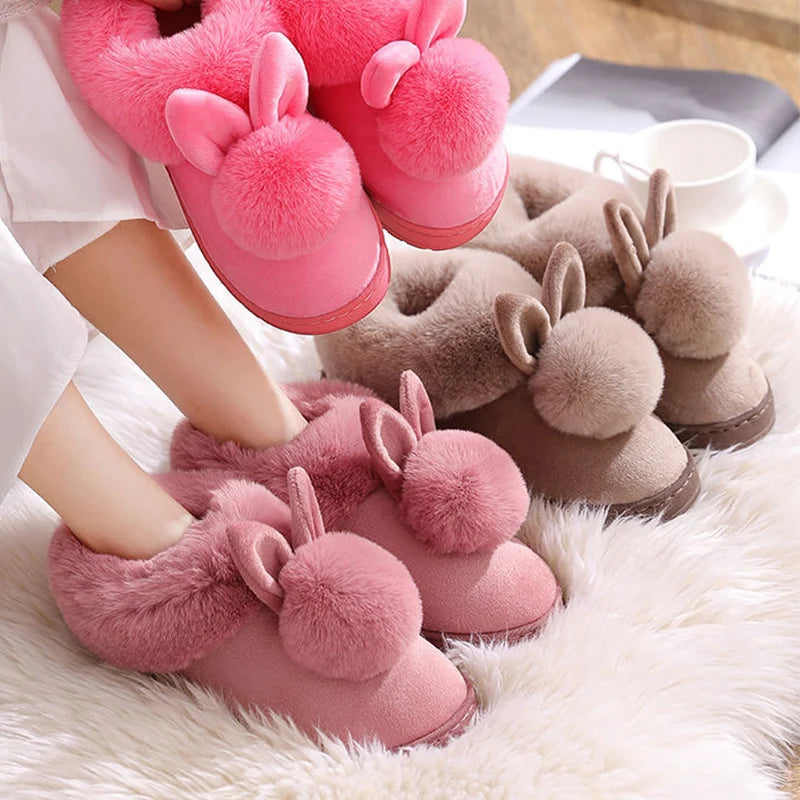 Women's Indoor Winter Fur Boots – Cozy Rabbit Slippers with Furry Ears & Fluffy Ankle Design