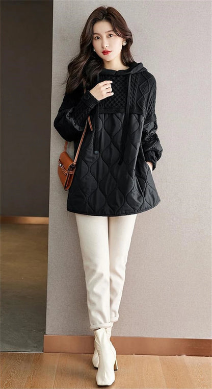 Women's Hooded Parka with Knit Accents - Slim Cotton Jacket, Stylish Winter Coat