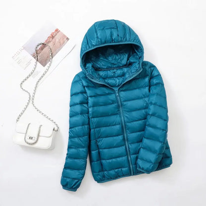 Jaqueta puffer curta com capuz para mulheres, casaco coreano slim fit, pato bran