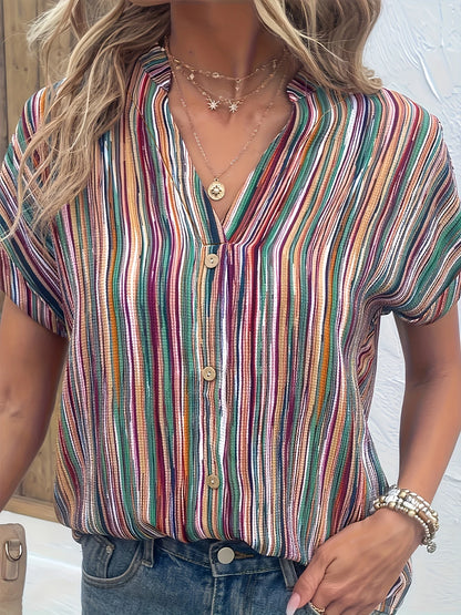 Plus-Size Striped Half-Sleeve Blouse – Casual Round-Neck Spring Top for Women