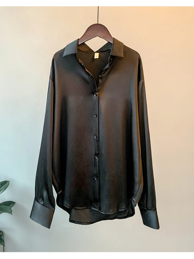 2023 Autumn Satin Overshirt – Elegant Korean-Style, Luxury Designer Long-Sleeve Office Blouse for Women