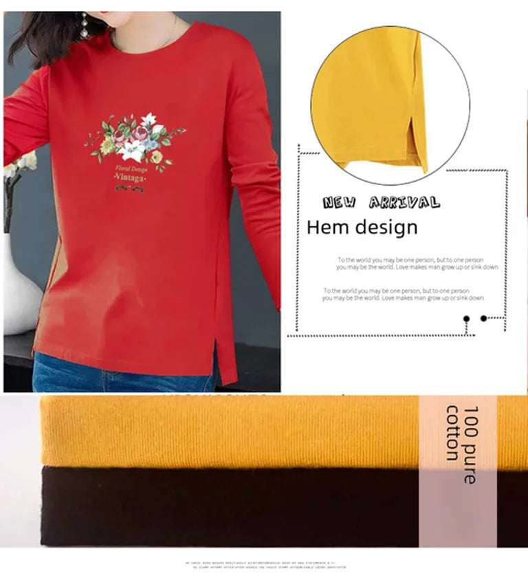 Women's 100% Cotton Long-Sleeve T-Shirt – Slim-Fit Round-Neck Base Layer for Spring & Casual Wear