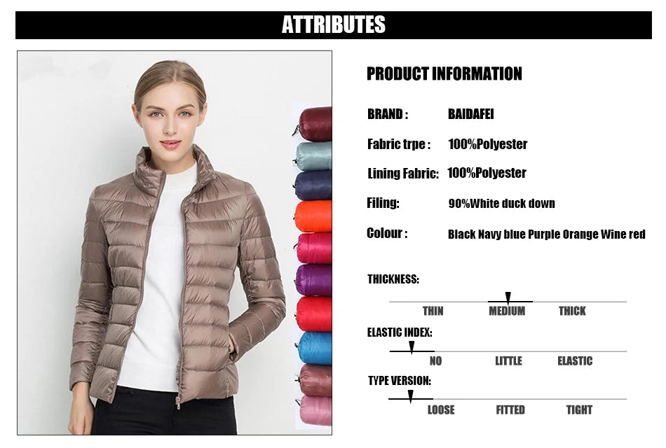 Parka para baixo empacotável feminina, jaqueta puffer empacotável, casaco casu