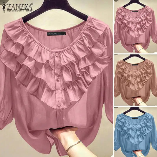 2024 ZANZEA Elegant Button-Up Blouse – Layered Ruffle Lantern Sleeve Casual Top for Women