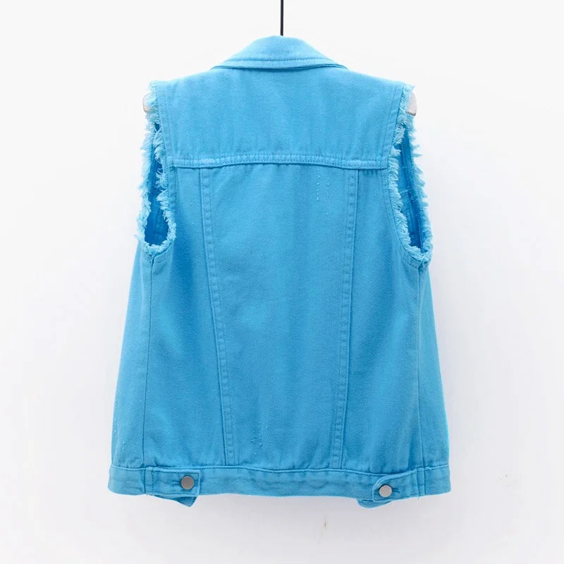 Multi-colour Denim Vest Jacket Women Short Waistcoat Oversize S-7XL Sleeveless C