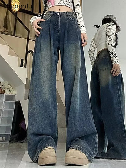 Duomofu Retro Blue Chicly Full Length Loose Straight Female Jeans Spring New Vintage Washed Fashion Distressed S-2XL Women Jeans