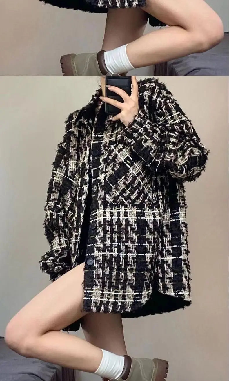 S-3XL Plaid Jackets Women Clothing Side-Slit Loose Ladies Button-Up Temper Desig