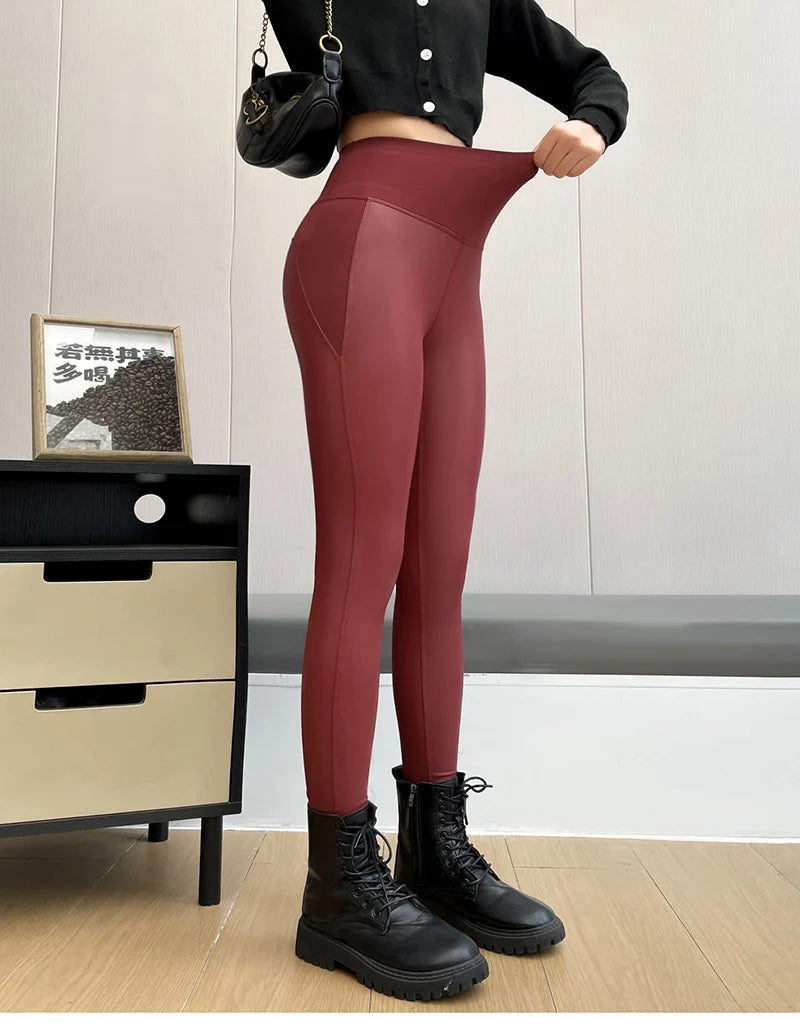 BIVIGAOS 2024 PU Leather Fleece Leggings - High Elastic, Slim Fit, Warm Winter Pants