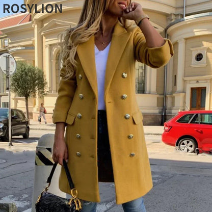 Ladies Autumn Winter Yellow Black Double-breasted Lapel Slim Woolen Coat Large S