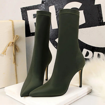 Women's Silk Sock Boots – 7.5cm/10cm Satin Pointed Toe Winter Ankle Booties in Green, Sexy Low Heels