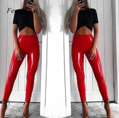 S-3Xl  Wet Look Leather Leggings Women High Waist Leggings Stretch Slim Red Black Legging Fashion Pu Pants Women