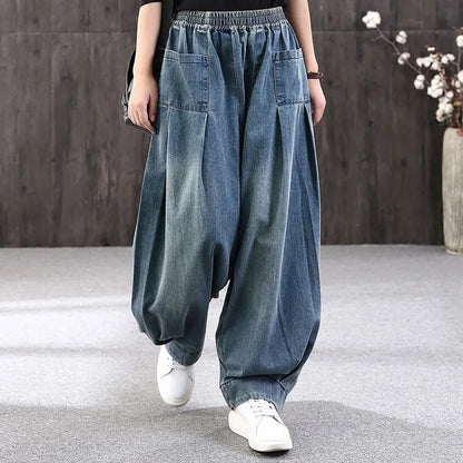 2023 New Loose Large Size Denim Wide Leg Haren Pants Female Art With Chinese Style Casual Sagging Jeans Bloomers Woman Clothing