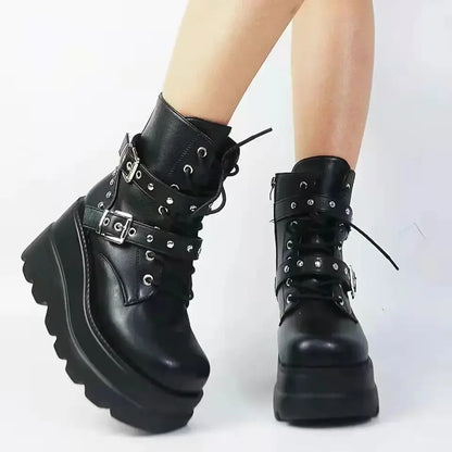 Women's PU Leather Ankle Boots – Gothic Round Toe Lace-Up Motorcycle Platform Booties for Autumn & Winter