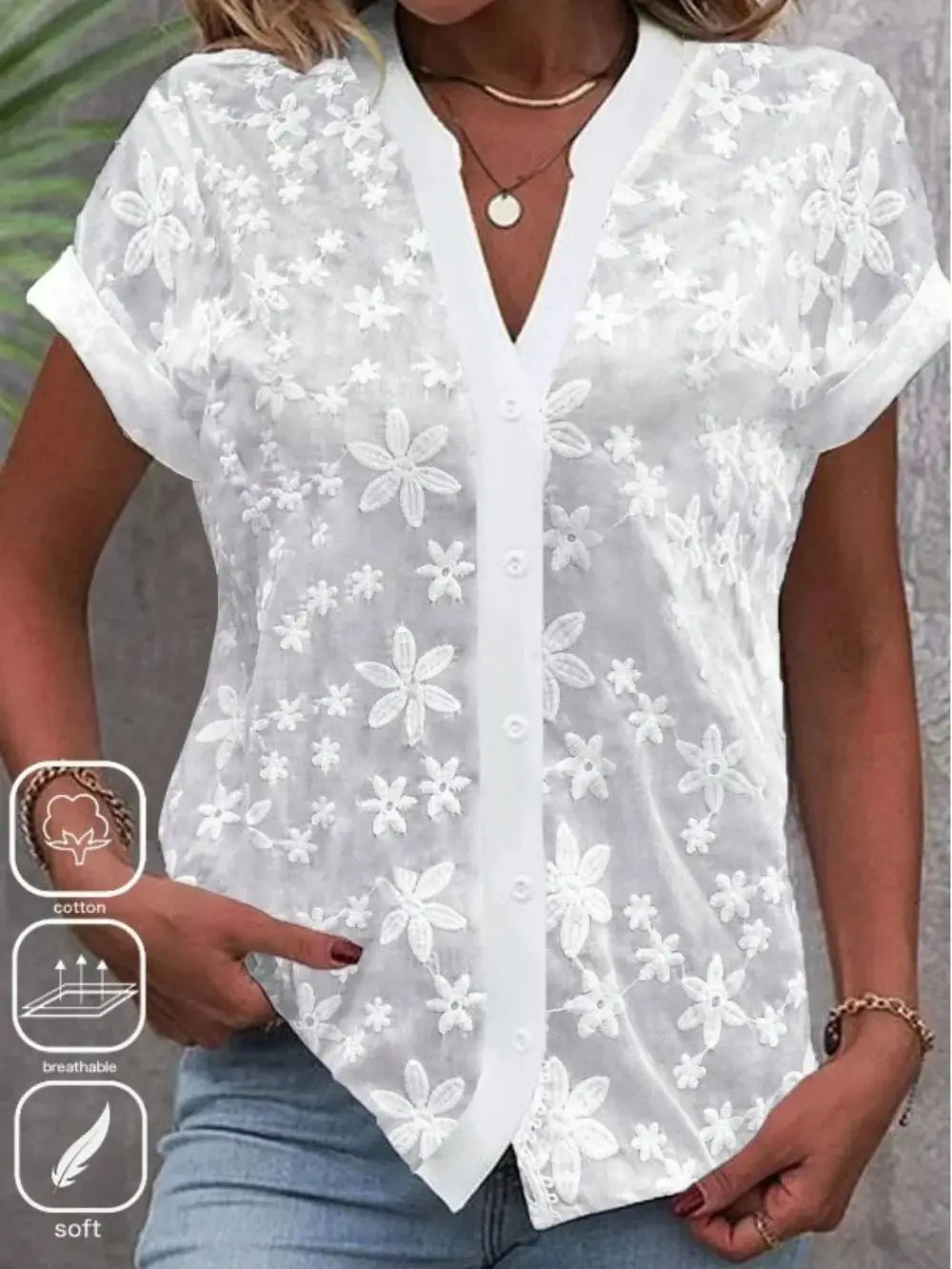 Women's White Cropped Lace Blouse – Eyelet Cut Embroidered Hollow-Out Summer Top