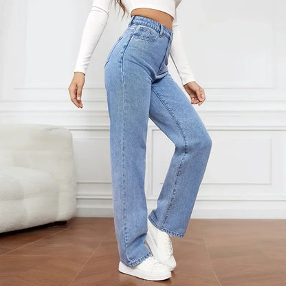 Calça jeans feminina reta de cintura alta, streetwear lavado, bolsos soltos, co