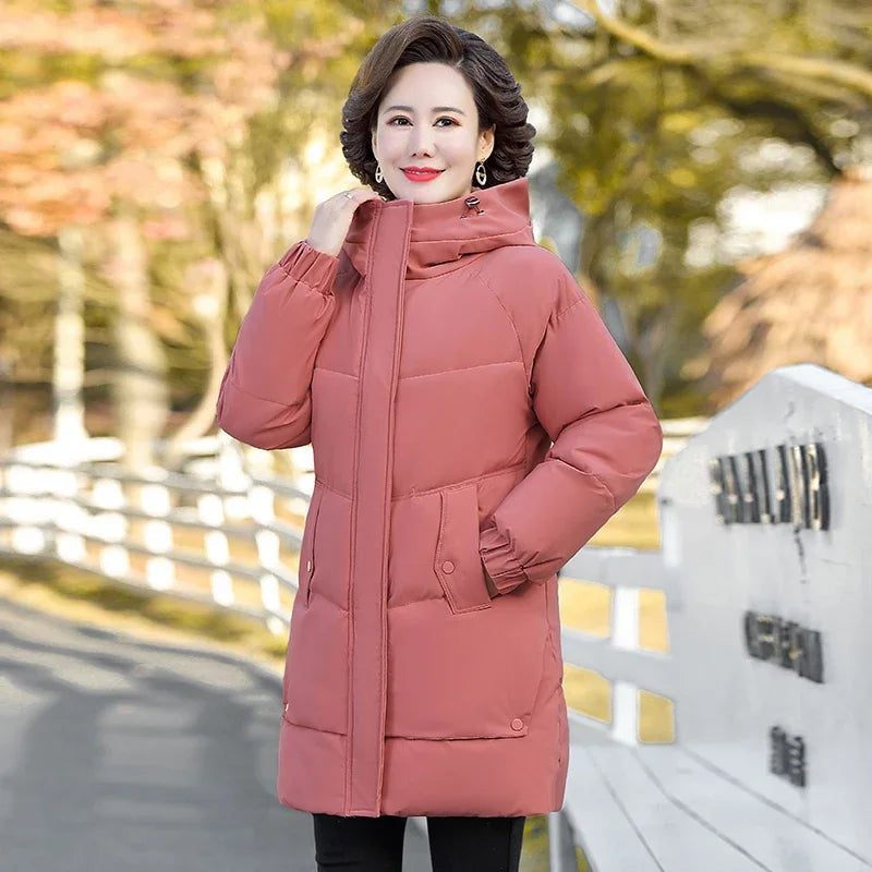 Monochrome Hooded Cotton Padded Parka for Middle-Aged and Grandmother, Long Coat with Fleece, Warm and Loose Fit, Winter Snow Coat