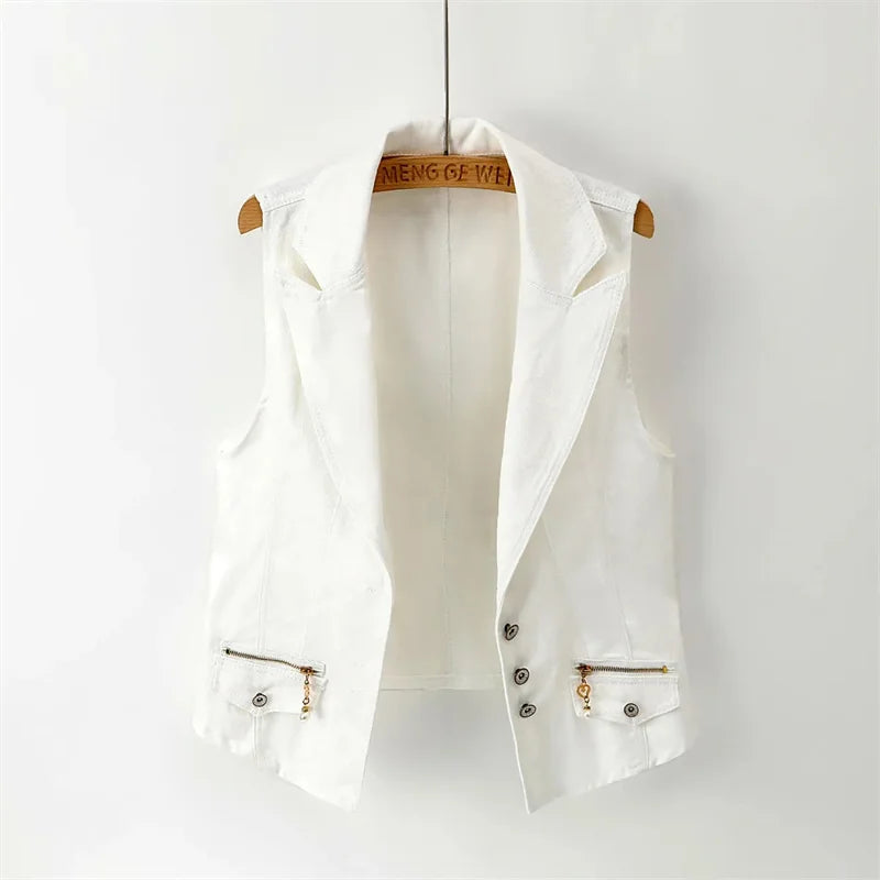 Women's Denim Vest 2024 New Ladies White Jean Jacket Fashion Waistcoat Summer Ve