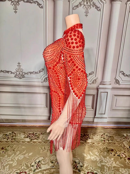 Xmas Sexy Women New Diamonds Crystal Red Peals Floral Tassels Dress Skinny See T