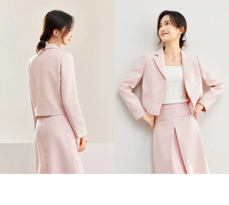 SENTUBILA Pink Elegant Cropped Tweed Jacket 2024 Spring Notched Single Breasted