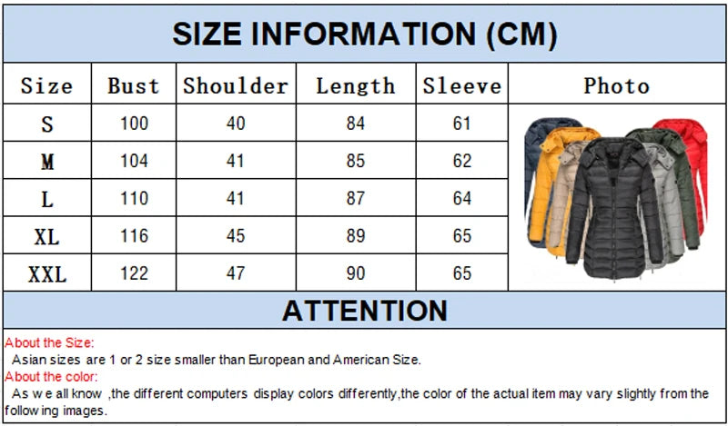 Women's Thickened Winter Parka, Solid Color Long Sleeve Zipper Coat, Quilted Puffer Jacket, Mid-Length Slim Fit with Hood