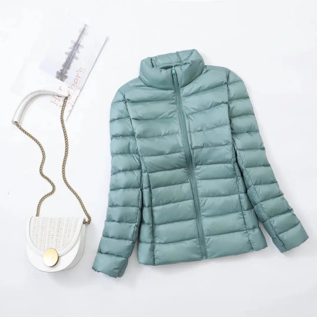 Jaqueta puffer curta com capuz para mulheres, casaco coreano slim fit, pato bran