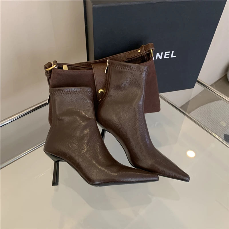 2025 Women's Spring Modern Pointed Toe Ankle Boots – Sleek Soft Leather Short Booties with Chic High Heels