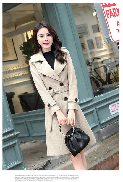 Korean Wool Blends Women Coats Lapel Double-Breasted Lined Trench Belt Ladies St