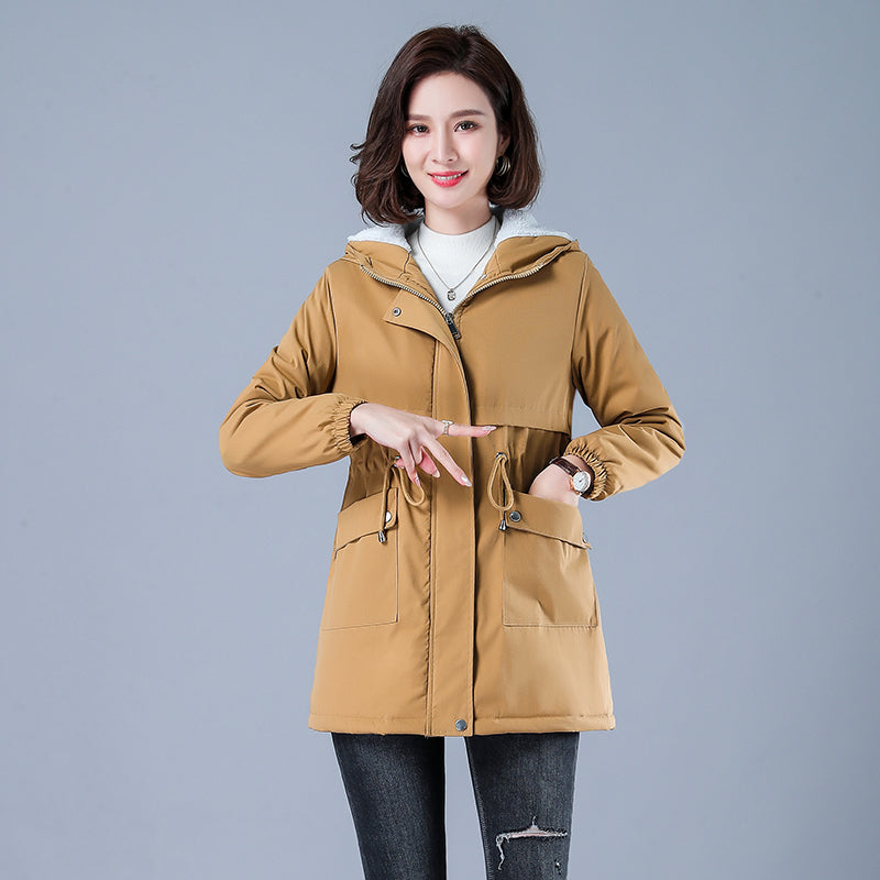 Women's Casual Cotton Parka with Fleece Lining, Hooded Trench Coat, Warm Puffer Jacket, Winter Outerwear